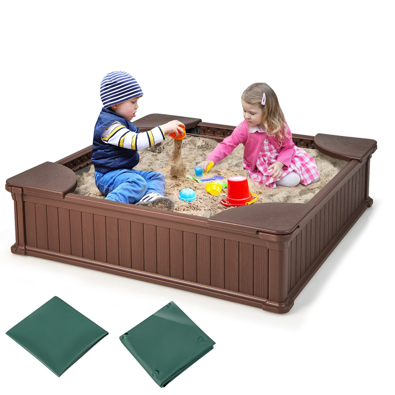 Kids Outdoor Sandbox 48.5 X 48.5 X 12.5 Large Hdpe Sandpit With Oxford Cover